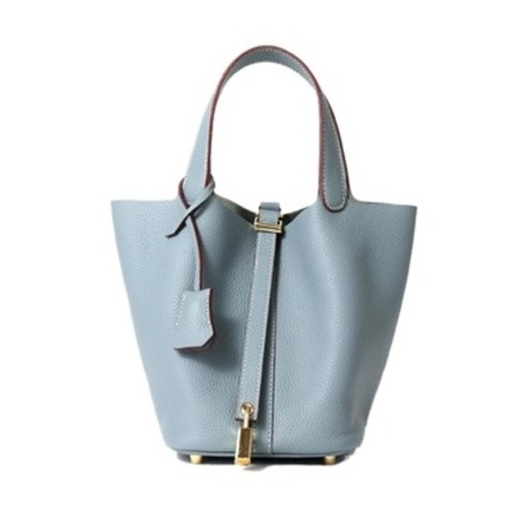 Blue Bucket Bag Top Handle Handbag Tote Purse With Lock and Key - Picture 1 of 4